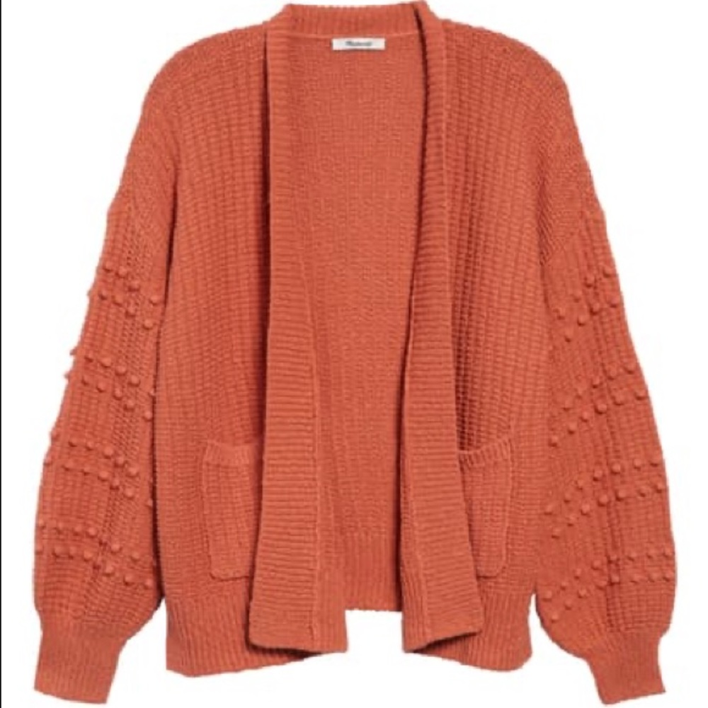 Madewell Rust Open-Front Pom-Pom Sleeve Cardigan